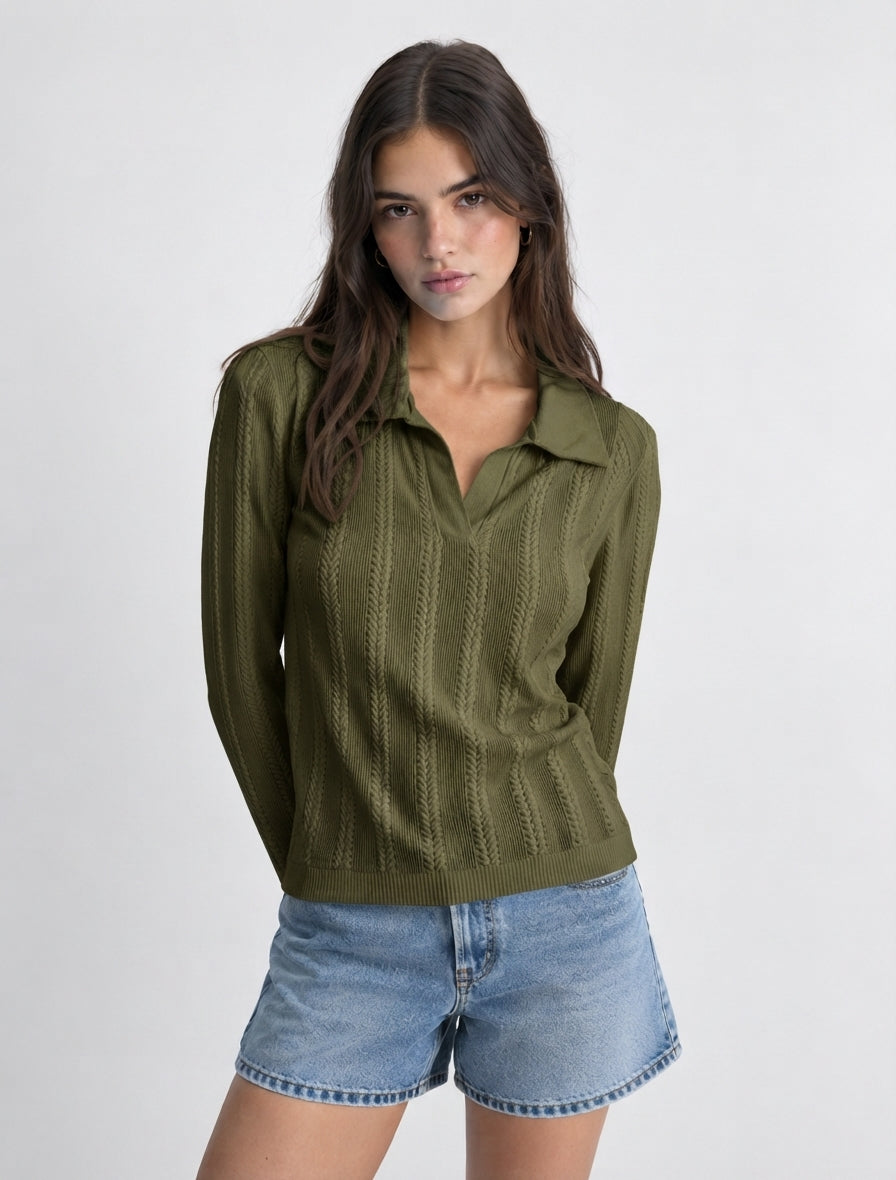 Blusa Manga Larga Trenzada Cuello Sport