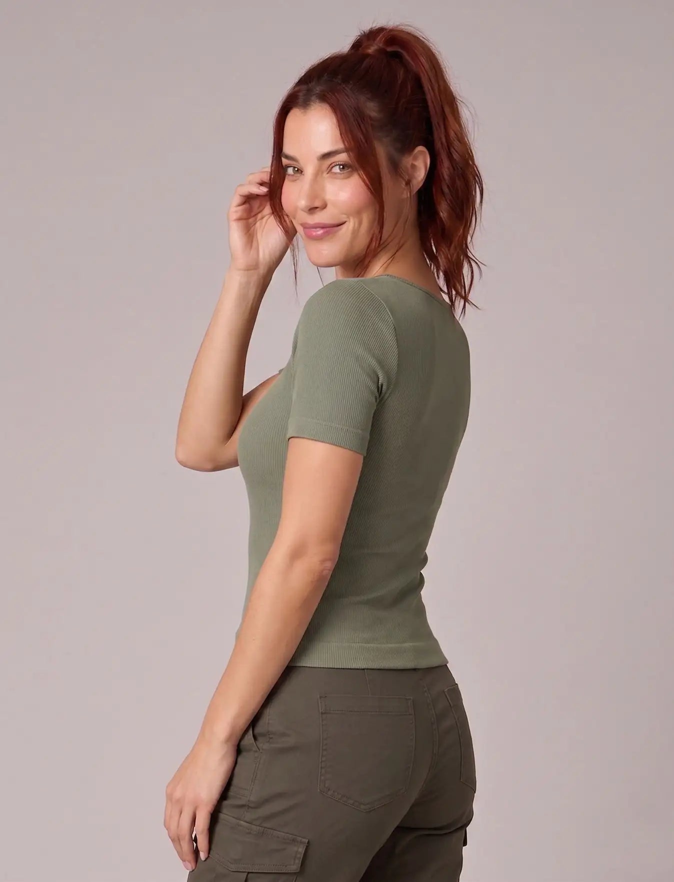 Square Neck Short Sleeve Ribbed Top  Viva Rouss