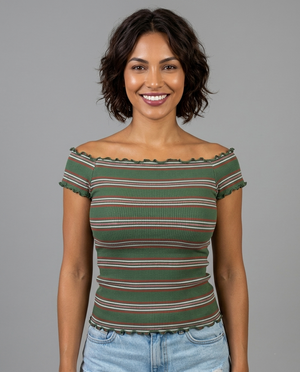 Striped Ribbed Off-Shoulder Top  Viva Rouss